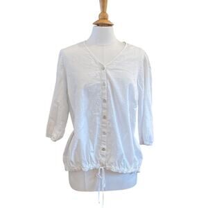 J. Jill White Cotton Swiss Dot Button Down 3/4 Sleeve Blouse with Drawstring, 1X